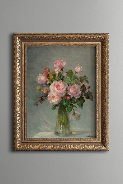 epiqart Pink Roses in a Vase – Vintage Patterned Painting – Thick Model