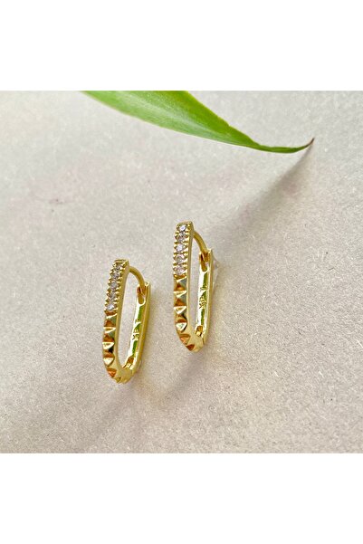 Geometrik Gold Zirkon Taşlı Çelik Küpe