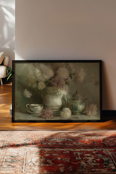 Zestia Pictură murală orizontală vintage, natură moartă florală cu ceainic și...