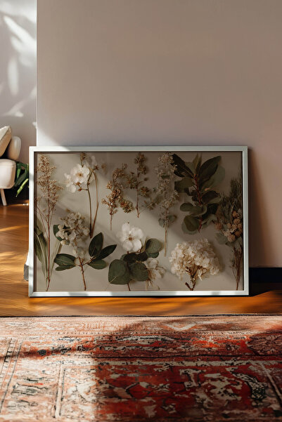 Zestia Tablou de perete orizontal vintage, aranjament botanic cu flori albe, ...