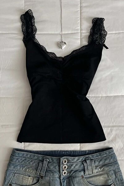 Köstebek Black Lace Detailed Bow Coquette Y2K Strap Crop Top