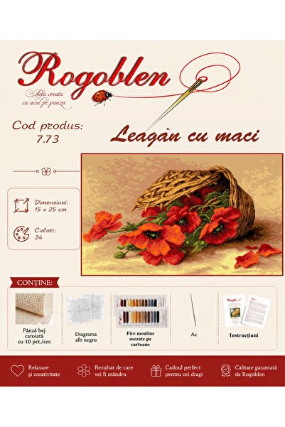 Rogoblen Kit de cusut Leagan cu maci - set goblen cu pânză, diagrame alb-negr...