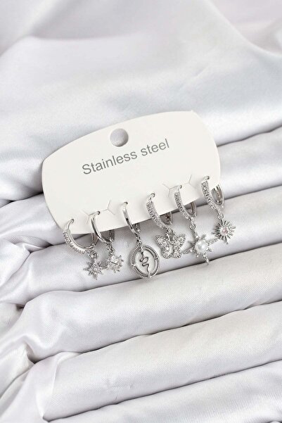 Inure Jewelry 316L Steel Silver Color Zircon Stone Charm Detailed Women's Ear...