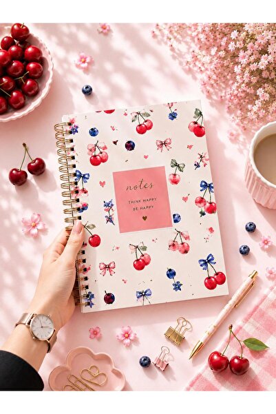 NİORE A5 Spiral Bound Lined Notebook 120 Pages Cherry Patterned