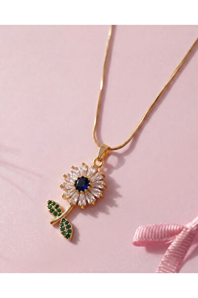 Gleemy accesories قلادة ديزي من الحجر الأزرق بتصميم زهرة دوارة باللون الذهبي