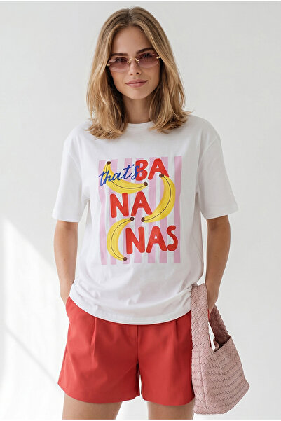 Olalook Women's White Banana Printed Boyfriend Cotton T-Shirt Tsh-19001016