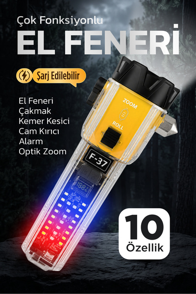 Badem10 KL-1507 Çok Fonksiyonlu Güçlü Işıklı El Feneri Cam Kırıcı Kemer Kesic...