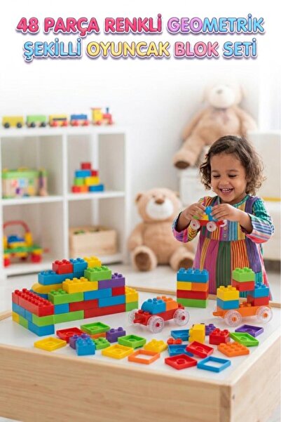 Tıfıl Toys 48 Parça Renkli Geometrik Şekilli Tekerlekli Blok Seti Eğitici ve ...