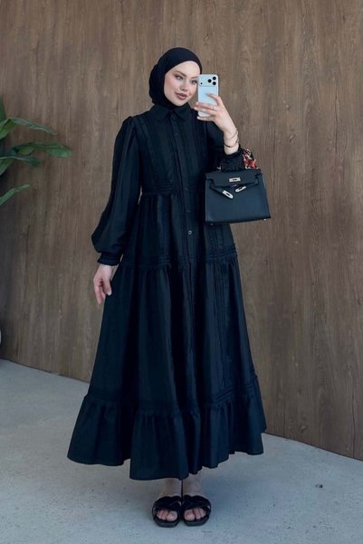Şule Giyim Belinda Guipure Detailed Dress Black