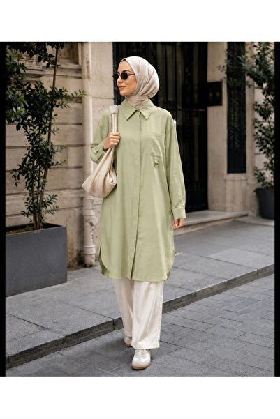 Budan Export Women's Hidden Buttoned Shirt Collar Long Loose Islamic Clothing Summer Tunic