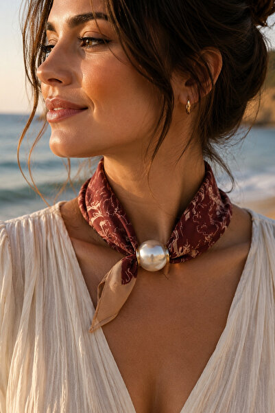 Modex Burgundy Patterned Pearl Detail Scarf Necklace (45cm)