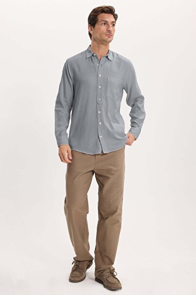 Tudors Men's Regular Fit Comfortable Cut Pocketed Linen Effect Plain Gray Shirt