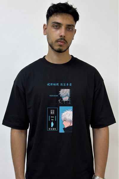 Anetos Gojo Satoru_23 Design Printed Oversize Black T-Shirt