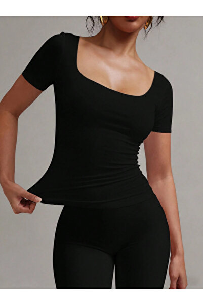 landoffashiontr Square Neck Double Layered Crop Blouse with Chest Panel