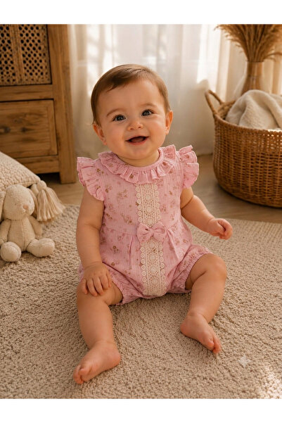 Ely Baby Fırfırlı Güpür Dantel Detaylı Çiçekli Kız Bebek Tulum