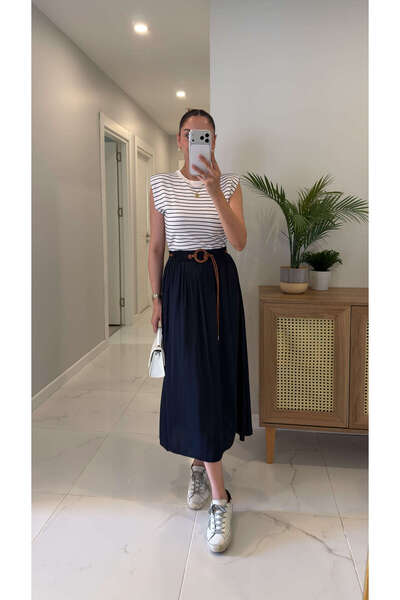 BİRCANÇİL Sulde Navy Blue Padded Belt Detailed Dress
