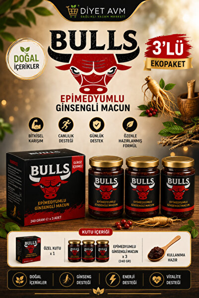 Diyet AVM BULLS 3’LÜ EPİMEDİUMLU GİNSENGLİ BİTKİSEL KARIŞIMLI KUVVT MACUNU GE...