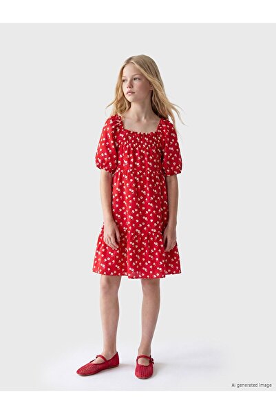 LC Waikiki Lcw Kids Red Square Collar Floral Girl Dress