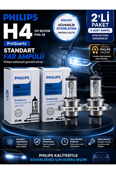 Philips H4 ProQuartz 12V 60/55W Standart Far Ampulü Orijinal Kalite Güçlü ve ...