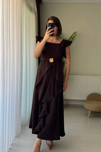 Kubos Moda Ruffle Detail Belted Square Neck Brown Long Dress