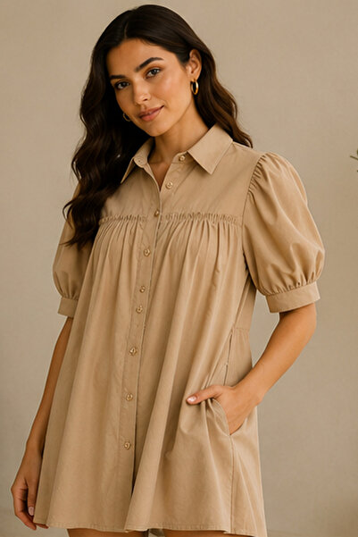 Cortigiani Beautiful beige button down cotton dress with golden buttons, self...