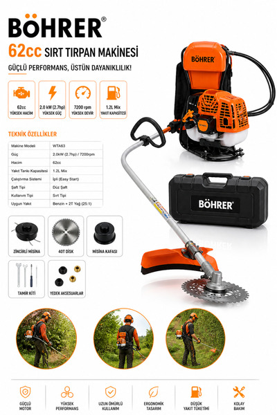 BÖHRER BA011358 PRODESYONEL SIRT TİPİ BENZİNLİ ÇALI DİKEN ÇİM BİÇME TIRPAN MA...