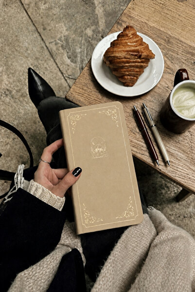 inkglo Vintage Linen Hard Cover Gold Gilded Dotted Notebook 10X20Cm Beige