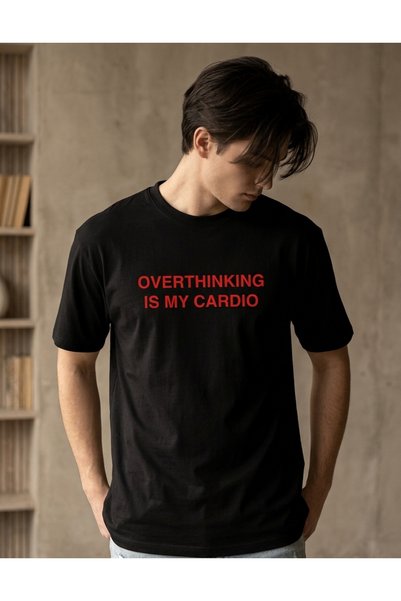 POPULUS Overthinking Is My Cardio Baskılı Siyah Unisex T-shirt