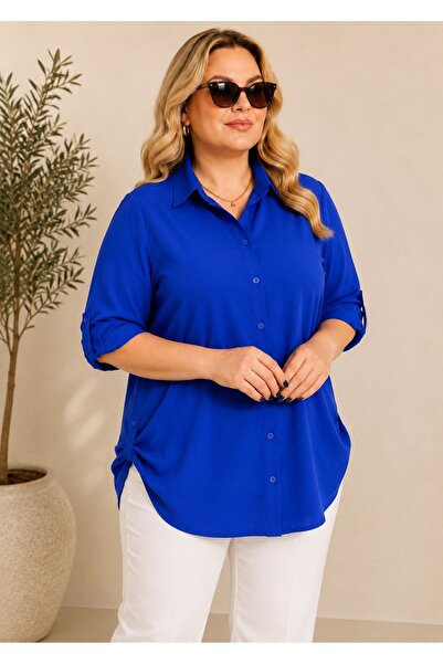 FOR ESRA BIG TREND Women's Plus Size Saks Solid Color Woven Viscose Shirt wit...