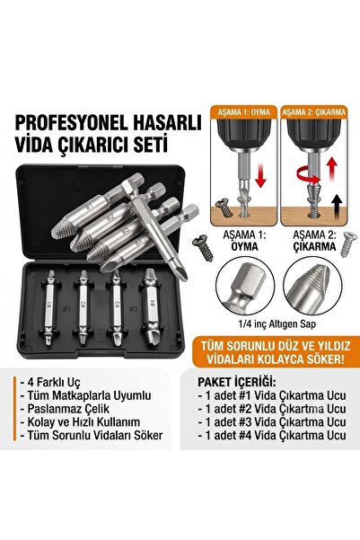 ART3 Profesyonel Hasarlı Vida Çıkarıcı Seti 4lü - Yalama, Kırık ve Paslı Vida...