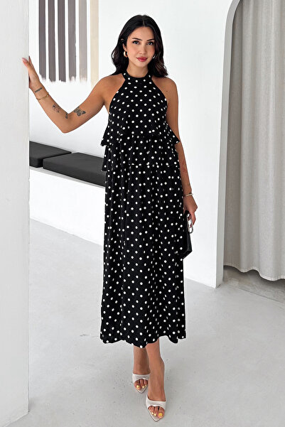 Noa&Noa Women's Polka Dot Layered Halter Neck Midi Summer Dress with Ruffle D...