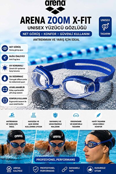 ARENA Zoom X-Fit Unisex Yüzücü Gözlüğü Mavi | Anti-Fog UV Korumalı Profesyone...