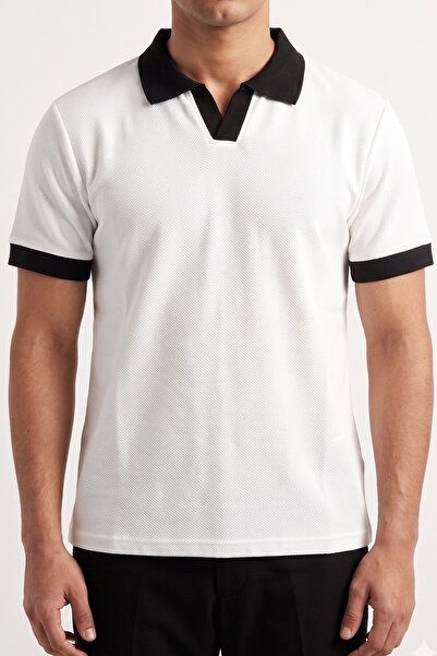 hadiora Men's White Jacquard Polo Collar Cotton T-Shirt