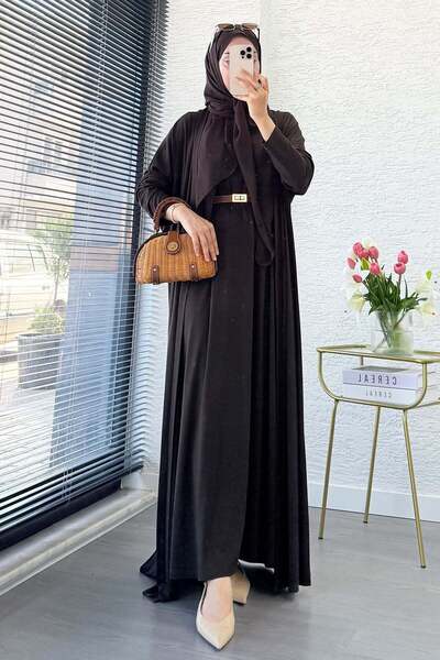 MELEK ARAZ Premium Double Face Yarasa Kol İkili Abaya Takım - Kahverengi