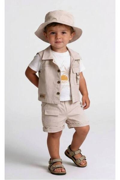 SÜSLÜ KİDS Baby Boy Fisherman Hat, Vest, Shorts/T-Shirt 4-Piece Stylish Set