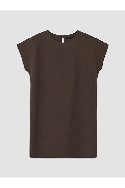 LC Waikiki Lcwaikiki Petite Brown Crew Neck Linen Blend Mini Dress