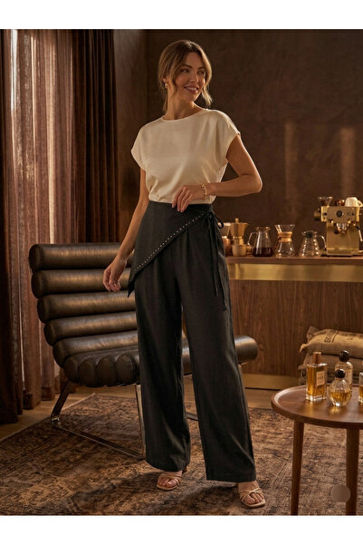 Lovely butik Γυναικείο παντελόνι με λεπτομέρεια από πέτρινο φουλάρι, φαρδιά μ...