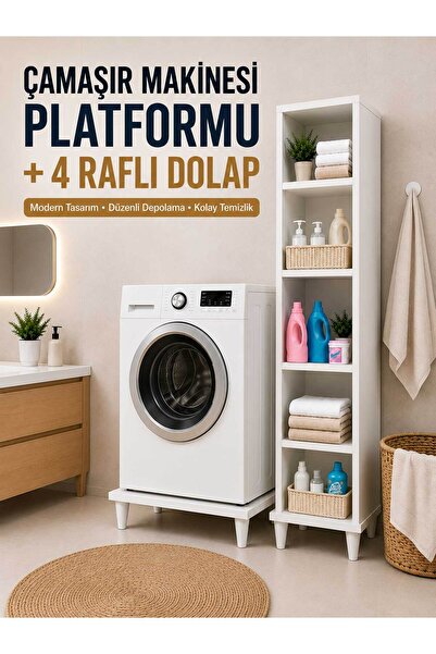 İMT AKSESUAR Çamaşır Makinesi Platformu + 4 Raflı Banyo Dolabı (Beyaz)Robot S...