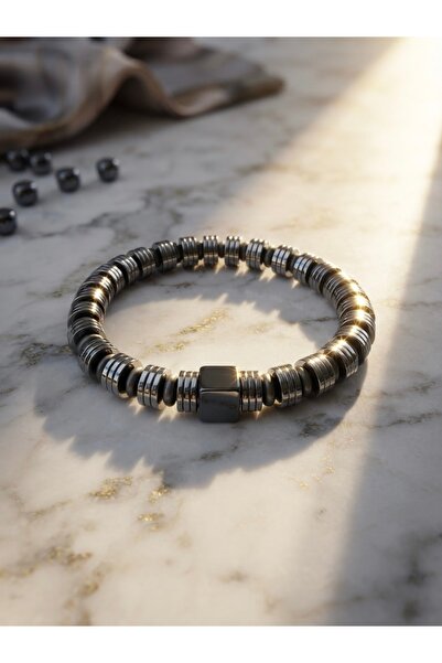 Meneva Aksesuar Cube Detailed and Ring Cut Hematite Natural Stone Bracelet