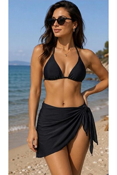 marevia mayo Siyah Üç Parça Etekli Üçgen Bikini