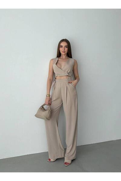 Roserella Tekstil MİLAN Pantolon Yelek Takım - Bej
