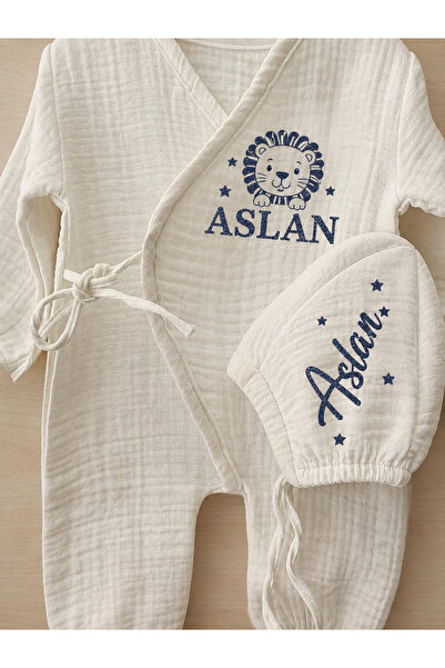 Gökçem hediyelik İsimli Müslin erkek bebek takım ve şapka set ( isim yazılı )