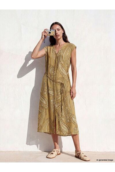 LC Waikiki Lcw Studio Green V-Neck Patterned Belted Dress