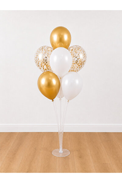 Balonsan Transparent White Chrome Gold Gold Sequin 7 Balloons 7-Piece Balloon...