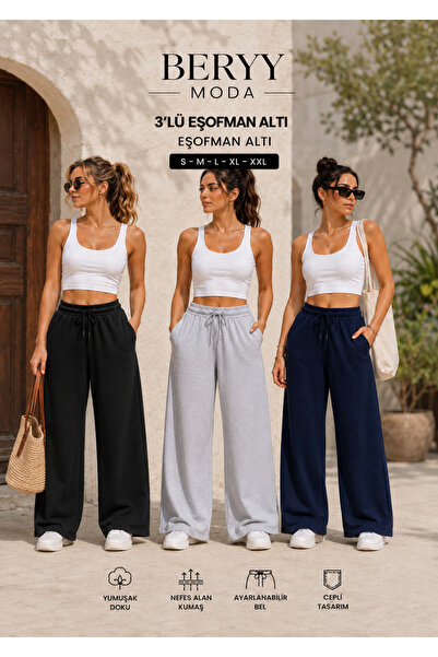 BERYY MODA Triple Black Gray Navy Blue Wide Leg Sweatpants Summer Cotton Comf...