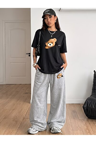 darkopia Unisex Zipper Bear Print Oversized Tshirt and Baggy Sweatpants - Sum...