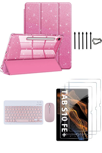 Covpor Samsung Galaxy Tab S10 FE+ Plus Simli Flip Kılıf+Klavye Mouse+S Pen Ye...