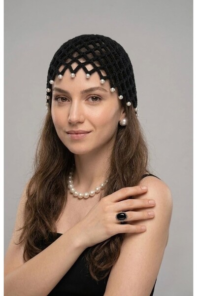 EsSo butik Women's Black Color Pearl Detailed Design Knitted Stylish Accessor...