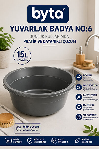 BYTA 15 L Round Plastic Basin No:6 Large Volume Multi-Purpose Durable Basin f...