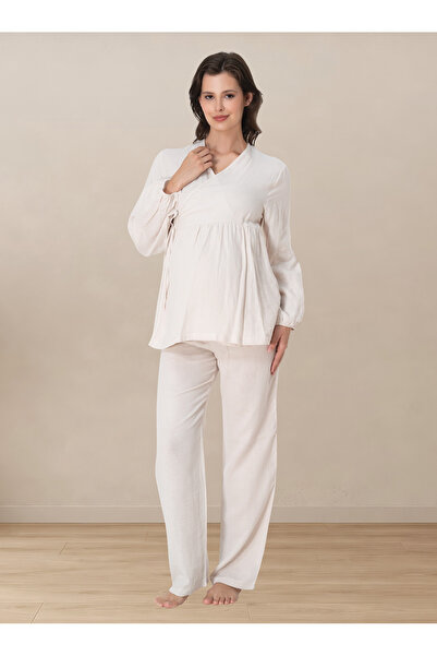 ByLohusa Long Sleeve Muslin Fabric Maternity and Postpartum Pajama Set with B...